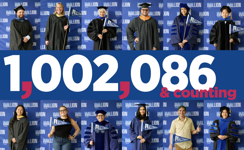 photos of a dozen Penn State grads holding alumni banners standing in front of 1 Million Degrees signage by Steve Tressler