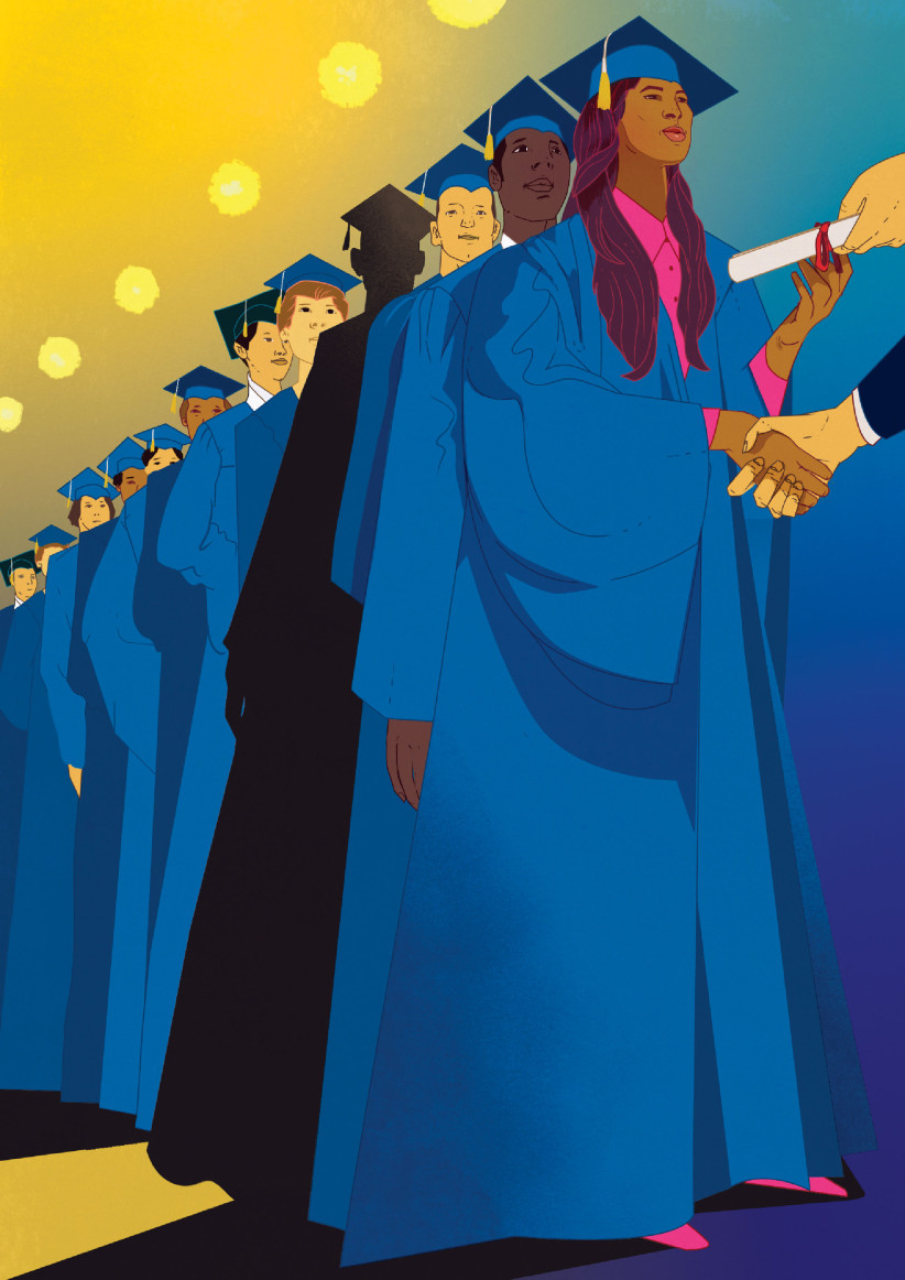 illustration of a line of graduates in regalia, but one is a shadow, by Marcos Chin
