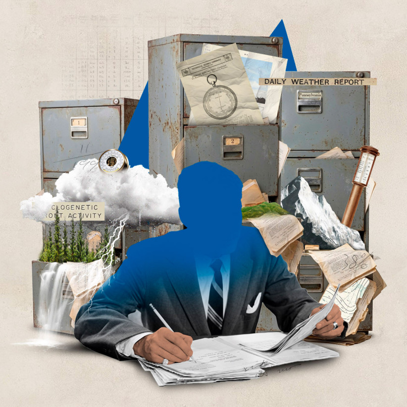conceptual illustration of a faceless person looking at papers surrounded by archival material and metal filing cabinets by Nadia Radic