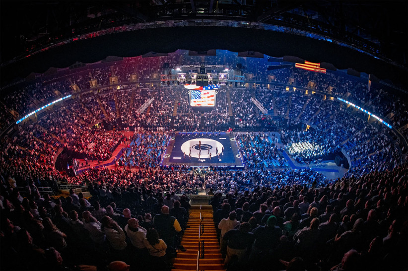 shot of the crowd and arena of NCAA wrestling match at Bryce Jordan Center, photo by Mark Selders/Penn State Athletics