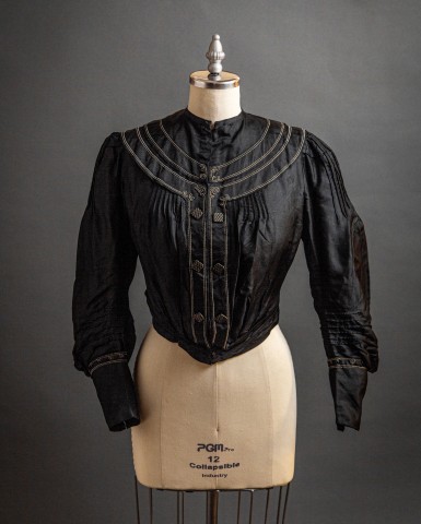 black silk blouse with soutache, swoosh sleeves, and silk yoke and lace from 1905 photograhed by Nick Sloff '92 A&A