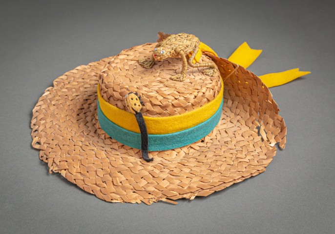 woven straw hat with yellow and aqua ribbon from 1918 photo by Nick Sloff '92 A&A