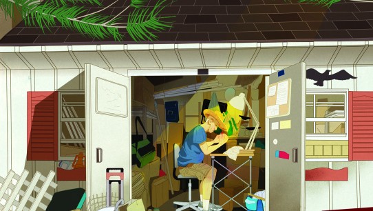 Illustration of a man in a cluttered shed by Marcos Chin