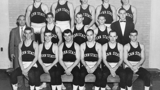 first PSU wrestling championship team black and white photo by Penn State Archives