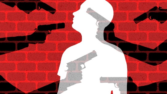 illustration of a silhouette of a man standing in front of a brick wall with multiple shadows of arms holding guns, by James Steinberg