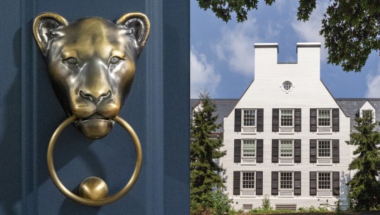 side by side of brass lion door knocker and exterior entrance of Nittany Lion Inn, photos by Nick Sloff '92 A&A