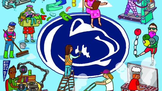 illustration of students performing a variety of different jobs with central image of a person on a ladder painting the Nittany Lion logo, by Aaron Meshon