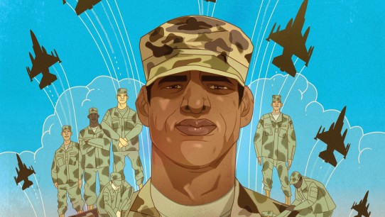 Illustration of a serviceman in uniform holding smaller serviceman figures as military aircraft fly behind and overhead, by Marcos Chin