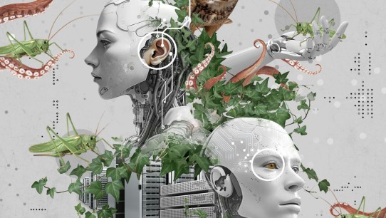 conceptual illustration of two robotic human heads and arms with urban and biological imagery by Nadia Radic