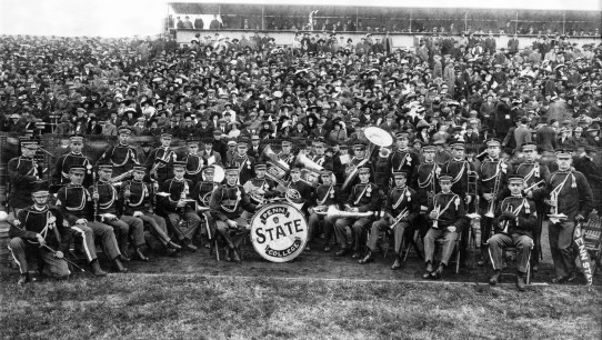 black and white photo of Blue Band at Beaver Field circa 1916, by Penn State Archives