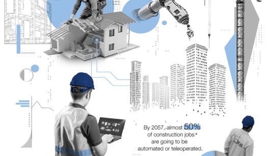 conceptual illustration of construction workers and urban architecture by Nadia Radic