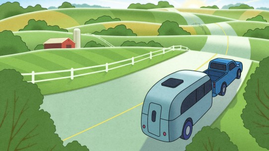 illustration of a mobile health care trailer driving through green farmland by Dan Page