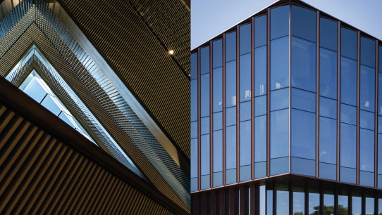 side by side photos of interior staircase and exterior ECoRE building by Nick Sloff '92 A&A