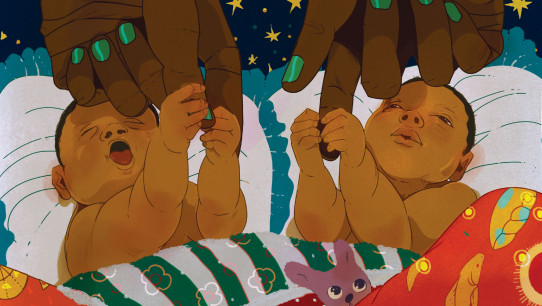 illustration of two preemie babies under a colorful blanket with adult hands touching them by Marcos Chin