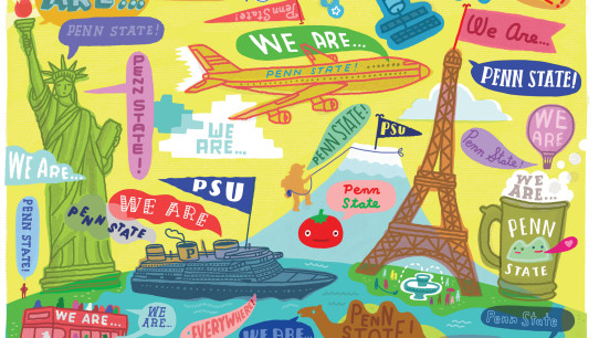 illustration of landmarks and modes of transportation with many instances of the phrase We Are Penn State, by Aaron Meshon