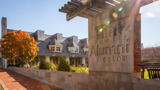 exterior photo of Hintz Family Alumni Center signage by Nick Sloff '92 A&A