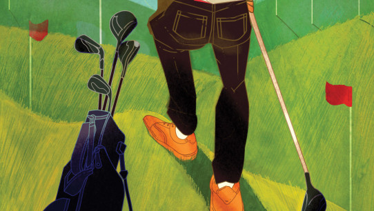 illustration of back view of a man with golf clubs overlooking a course by Marcos Chin