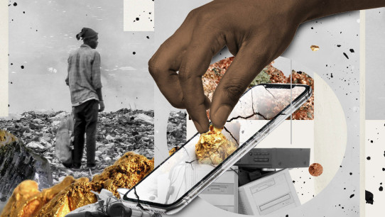 conceptual illustration of a hand reaching down to pull a gold nugget from a cell phone screen by Nadia Radic