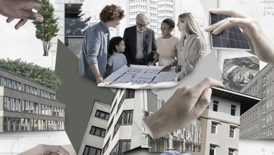 conceptual illustration of architects looking at blueprints amid large structures and hard hats by Nadia Radic