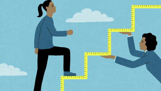illustration of a measuring tape creating steps that an administrator is holding up while a student walks up them by James Steinberg