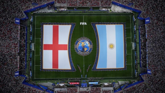 aerial graphic of FIFA World Cup soccer field with England and Argentina flags