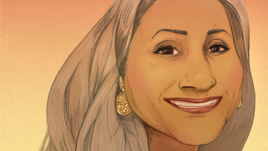 illustration of Savita Iyer, an Indian woman with shoulder-length salt and pepper hair wearing a colorful wrap and gold earrings, by Marcos Chin