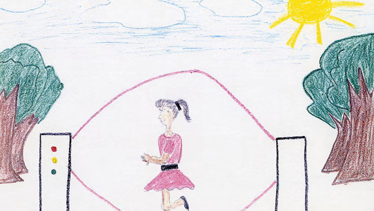 illustration of a girl using an automated jump rope machine by Reid-Smith