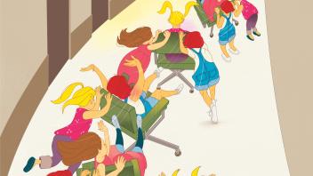 illustration of children pushing children in office chairs down hallway