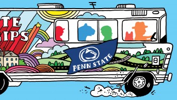 RV with a Penn State flag hanging out window