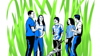 Illustration of students and tall grass with an ant nearly half their size