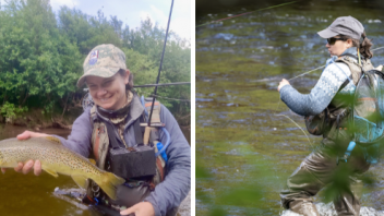 Ashley Wilmont and Tess Weigand fishing in stream