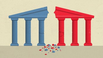 Graphic of red and blue structure split in half by Richard Mia