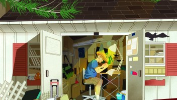 Illustration of a man in a cluttered shed by Marcos Chin