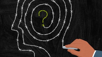 Illustration of a hand with chalk drawing an outline of a person's head lined with barbed wire with question mark at center by James Steinberg