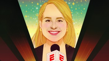Illustration of a blond white woman speaking into a microphone, by Marcos Chin