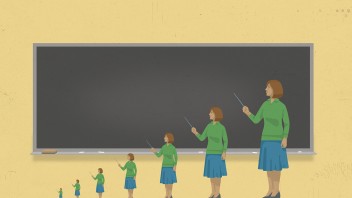 Illustration of teachers ranging small to larger in front of a chalkboard by Richard Mia