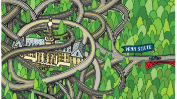 illustration of intricately intertwined highways around Old Main at University Park with a station wagon bearing a blue Penn State banner driving away from campus, by Aaron Meshon