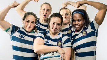 PSU women's rugby players in uniform