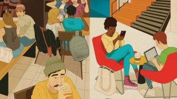 illustration of various small groups of students enjoying beverages, studying with laptops, and talking by Marco Chin