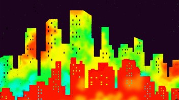 red green and yellow illustration of urban landscape on black background by Richard Mia