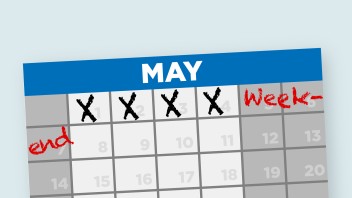 illustration of a May calendar with four days X-ed out and a three-day weekend marked in red, by Nick Sloff '92 A&A
