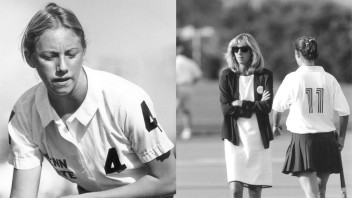 diptych of black and white Char Morett-Curtiss photos, one of her playing and one of her coaching, by Penn State Archives