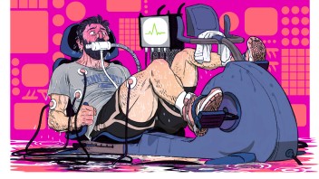 illustration of man sweating while peddling on recumbent bike and breathing through a tube while watching a heart monitor, by Frank Stockton