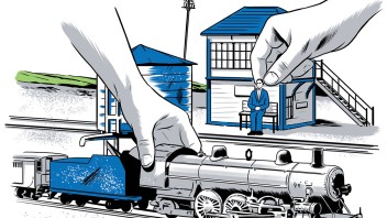 illustration of two hands working with a model train set by Joel Kimmel