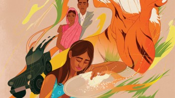 illustration of a young woman polishing silver objects while the background swirls with colorful images of a tiger, her parents, and an army green jeep, by Marcos Chin