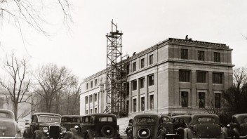 black and white photo of the Education Building by Penn State Archives