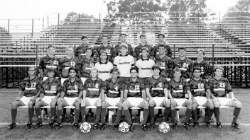 black and white photo of the 1993 men's championship soccer team by Penn State Archives