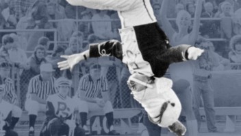 Photo illustration of drum major mid-flip by Nick Sloff '92 A&A