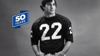 black and white of John Cappelletti in Penn State football uniform by Penn State Archives