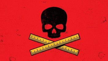 illustration of skull and crossbones with rulers as crossbones on red background by Richard Mia